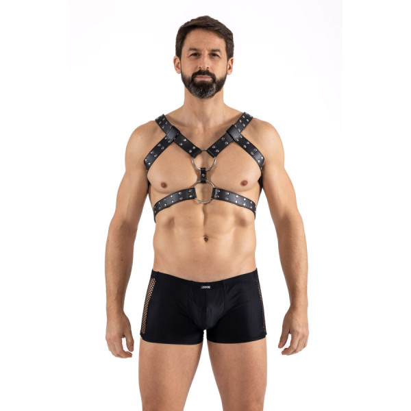 Harnais homme simili cuir avec sangles reliées par de larges anneaux 